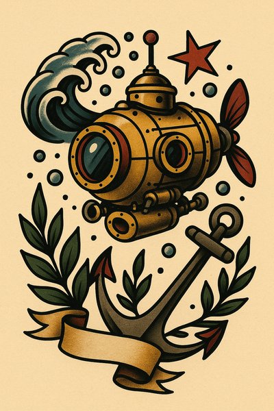 Vintage submarine illustration with nautical elements