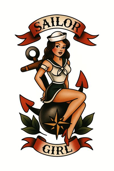 Vintage Sailor Girl Illustration with Nautical Elements