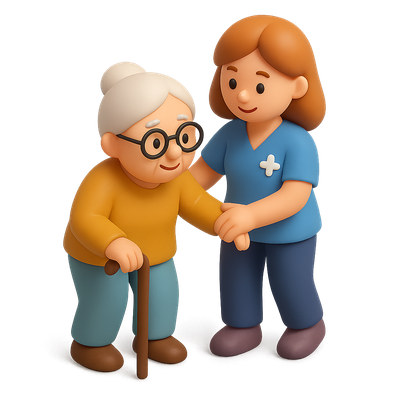 3D Senior Care Icon Featuring Elderly Woman and Caregiver