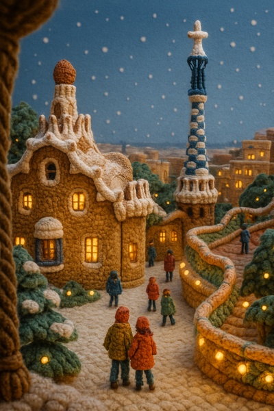 Whimsical Crochet Scene of Park Güell in Barcelona