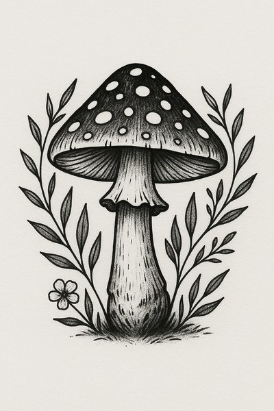 Hand-drawn black and white mushroom illustration with foliage