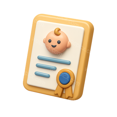 Stylized 3D Birth Certificate Icon with Baby Face
