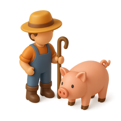 3D Swineherd Icon with Pig Keeper in Isometric View