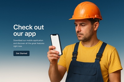 Construction Worker Holding Phone with App Promotion