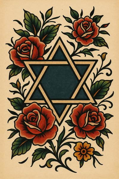 Artistic depiction of a Star of David surrounded by roses