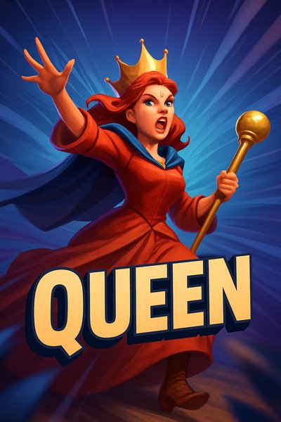 Dynamic Queen Illustration with Bold Design Elements