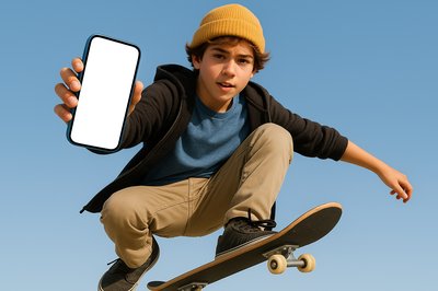 Skateboarder in Mid-Jump Holding Phone