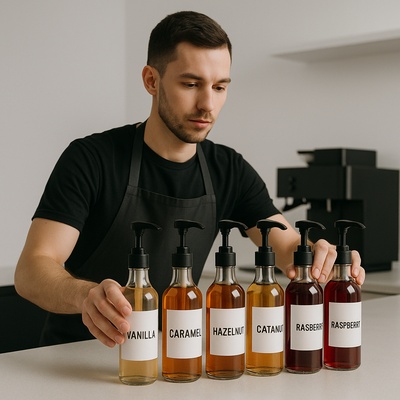 Barista Arranging Syrups in a Modern Cafe Setting