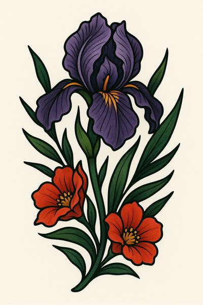 Botanical Illustration Featuring Purple Iris and Orange Flowers