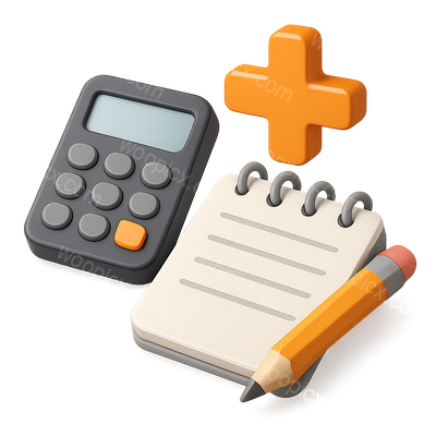 3D Office Essentials Icon with Calculator, Notepad, and Pencil