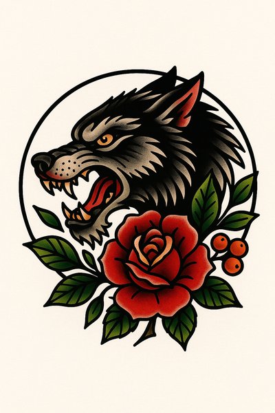 Bold Traditional Tattoo Design Featuring Wolf and Rose