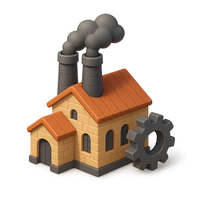 Stylized Factory with Smoke and Gear Icon