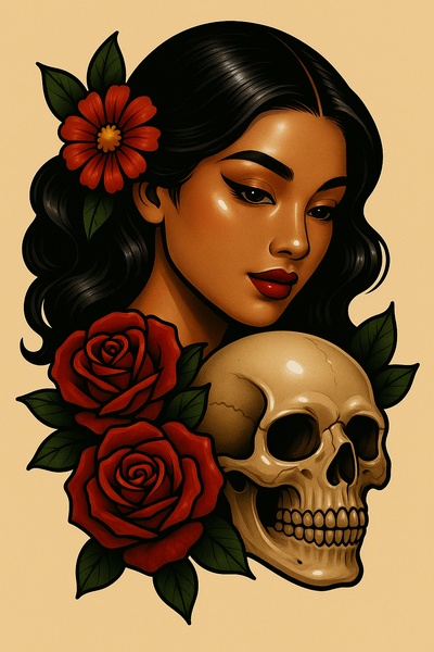 Stylized Tattoo Art Featuring a Girl and Skull with Flowers
