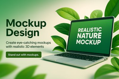 Laptop Mockup Surrounded by Green Leaves on White Background