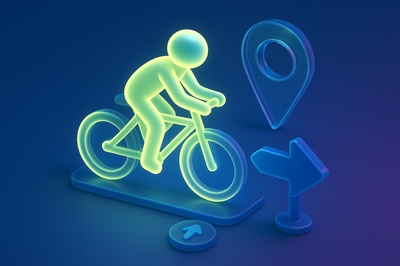 Glowing Bicycle Icon with Navigation Elements in 3D Style