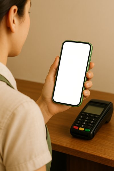 Dynamic Image of Payment Phone Held by Cashier