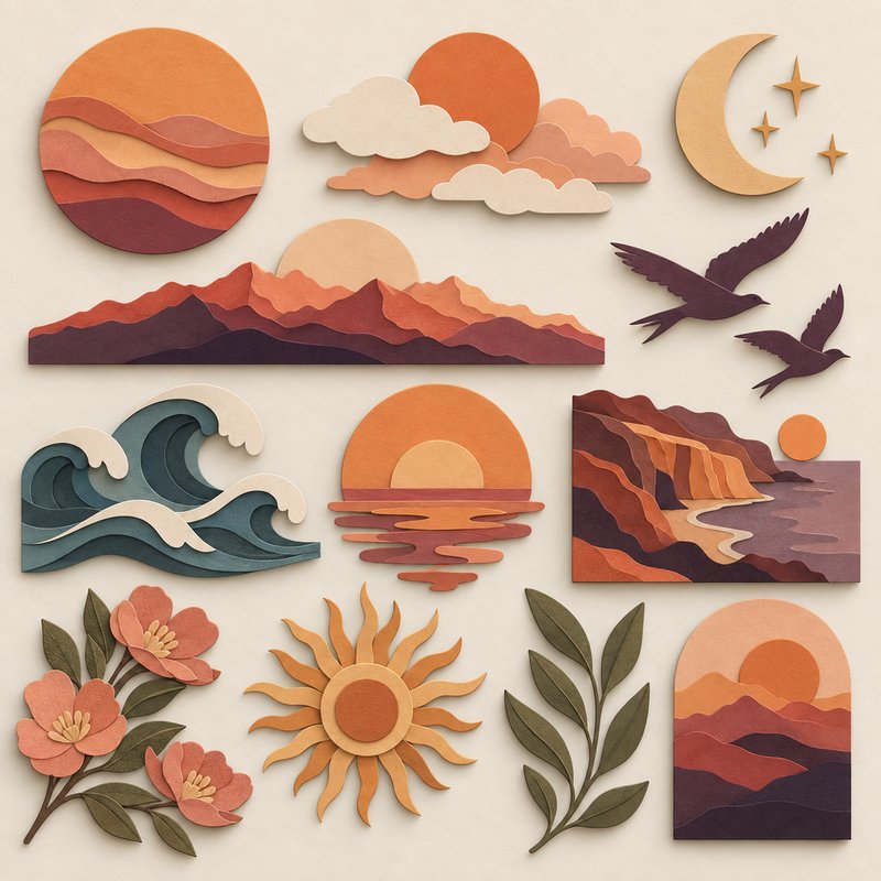 Layered paper-cut design elements