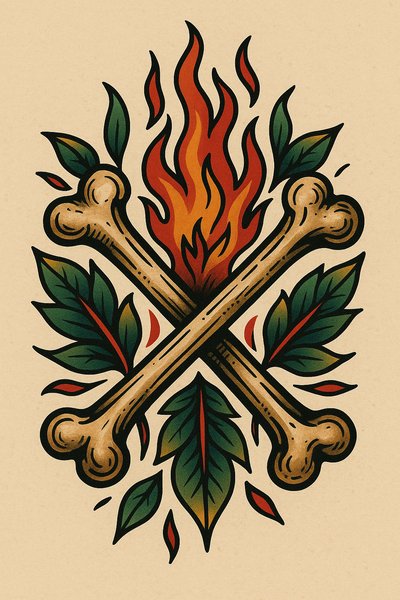Stylized Illustration of Bones and Flames with Leaves