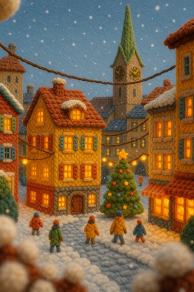 Winter Village Scene Crafted from Yarn in Zurich