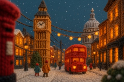 Enchanting Winter Scene of London with Knitted Details