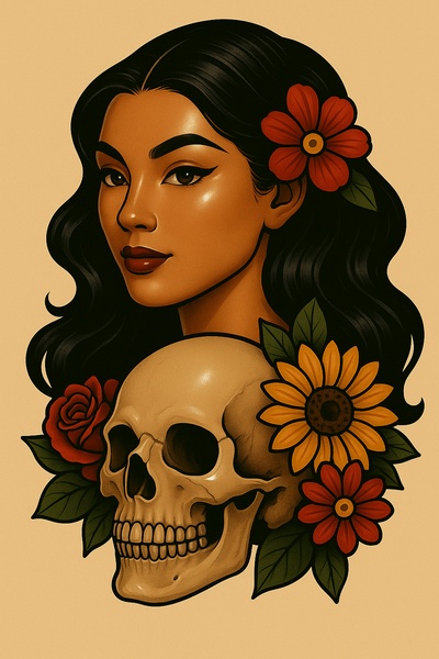 Stylized Tattoo Art of Woman with Skull and Flowers
