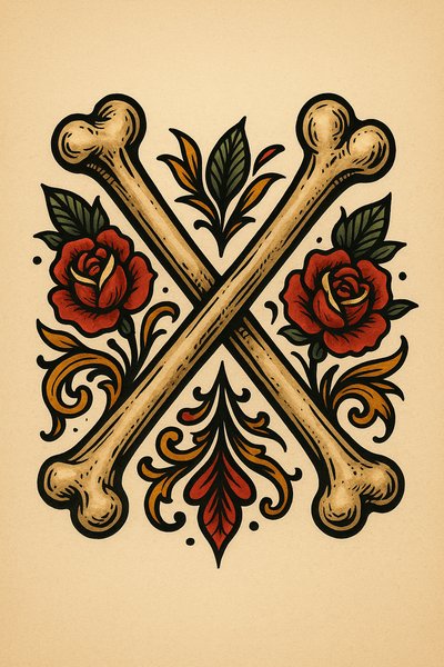 Vintage Floral Skull and Bones Tattoo Design