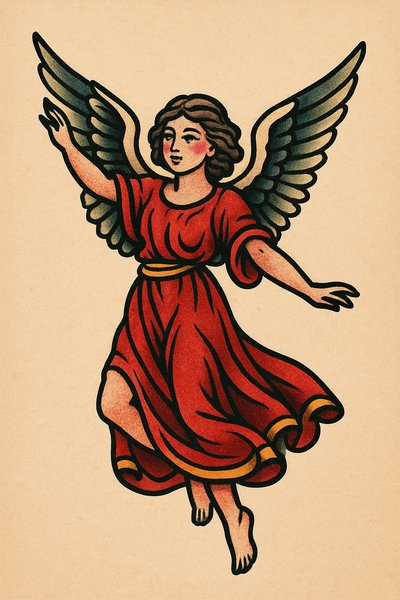 Artistic depiction of an angel in flight with vibrant colors