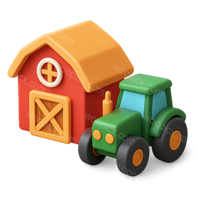 Colorful 3D Barn and Tractor Icon with Isometric View