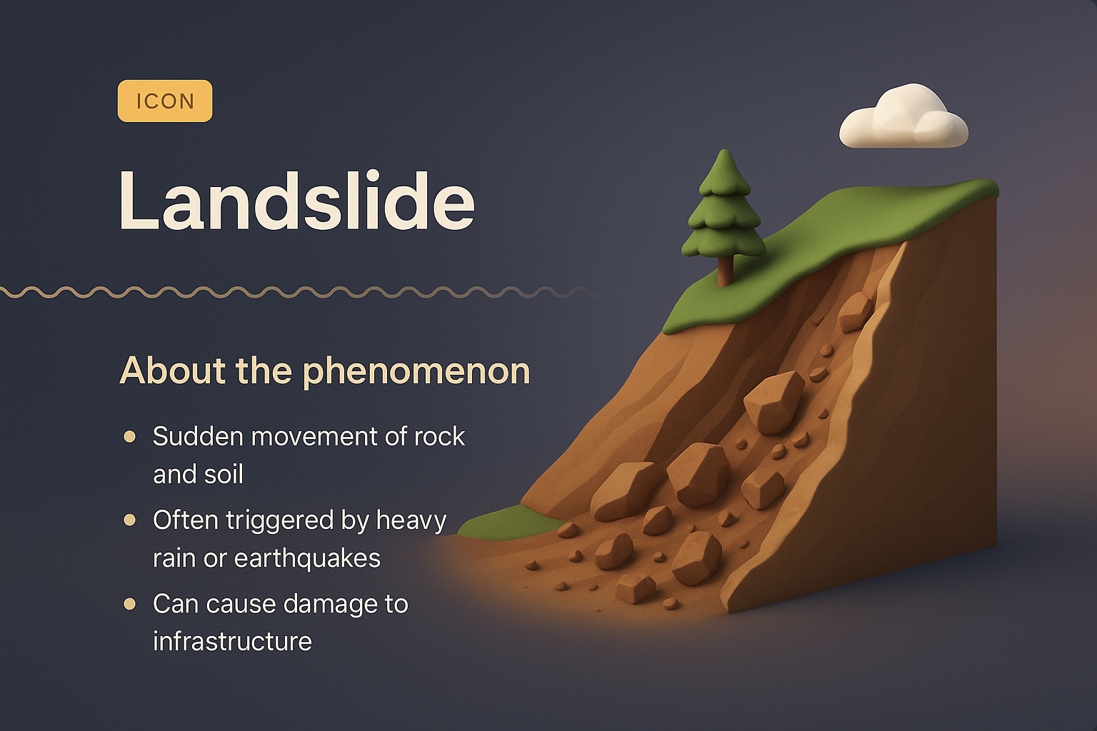 3D Illustration of Landslide Phenomenon with Informative Text