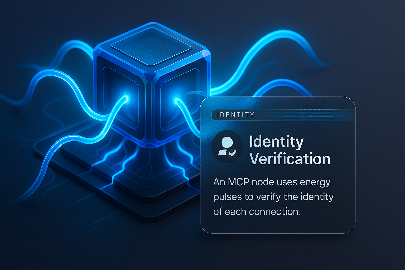 3D Illustration of MCP Node with Energy Pulses for Identity Verification