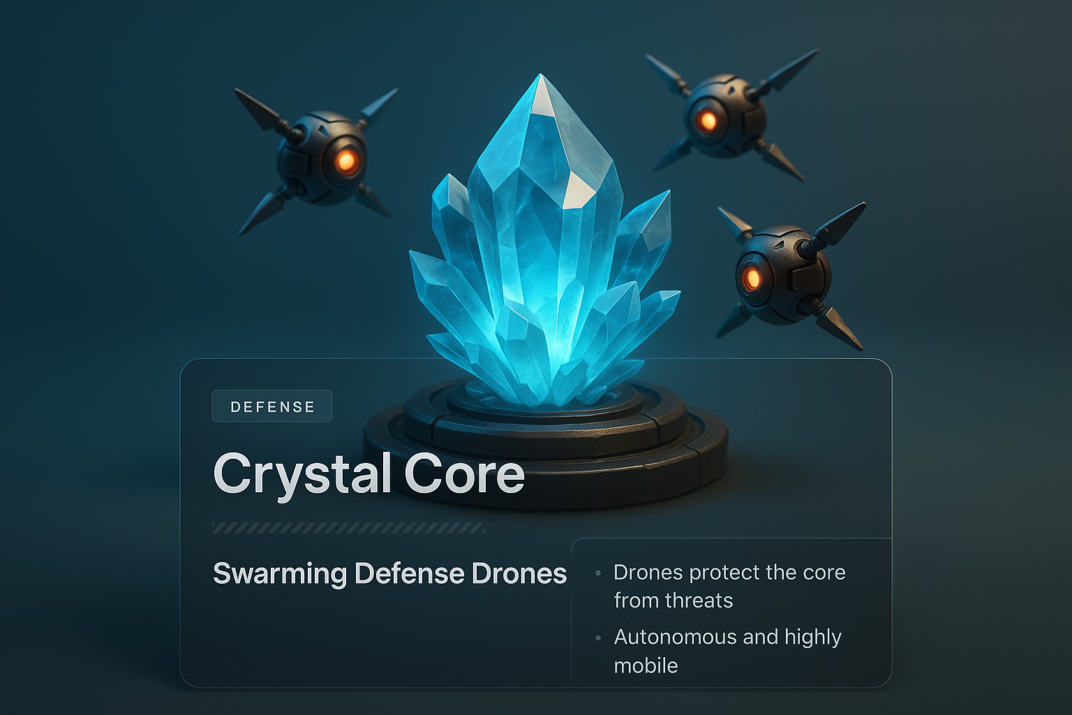 Crystal Core Surrounded by Defense Drones in 3D Illustration