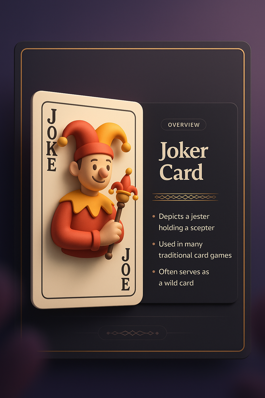 3D Joker Card Illustration with Informative Overlay