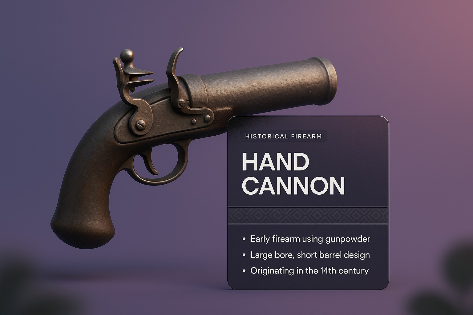 3D Illustration of a Historical Hand Cannon with Informative Panel