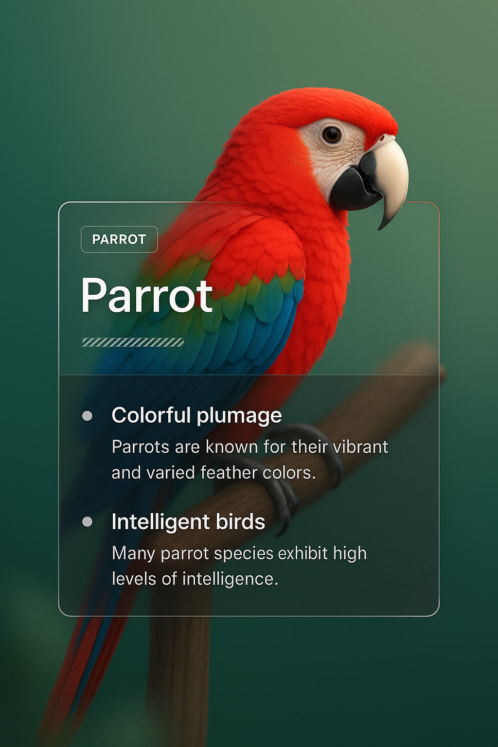 Vibrant 3D Parrot Illustration with Informative Overlay