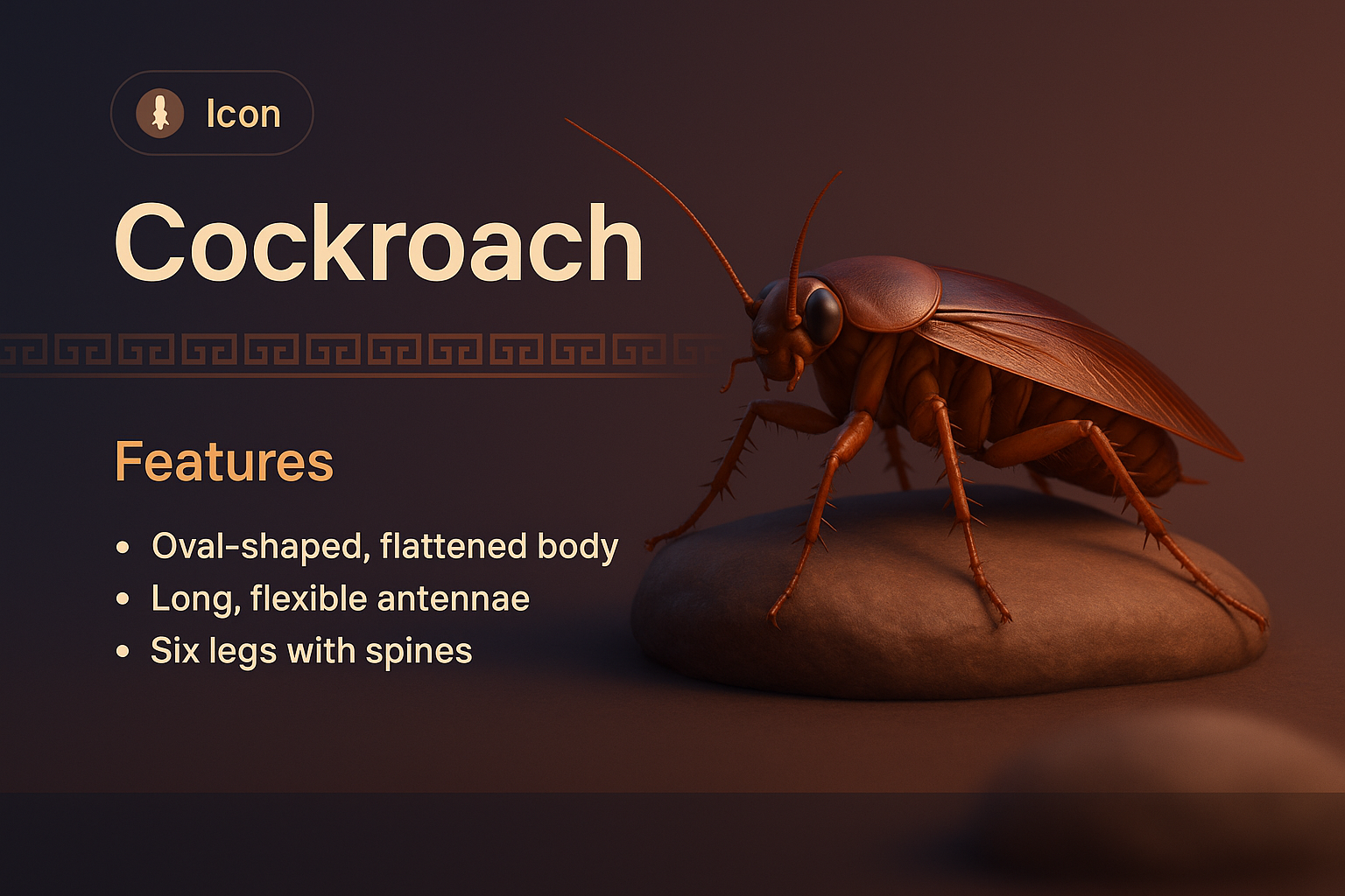 3D Illustration of Cockroach with Features Overview