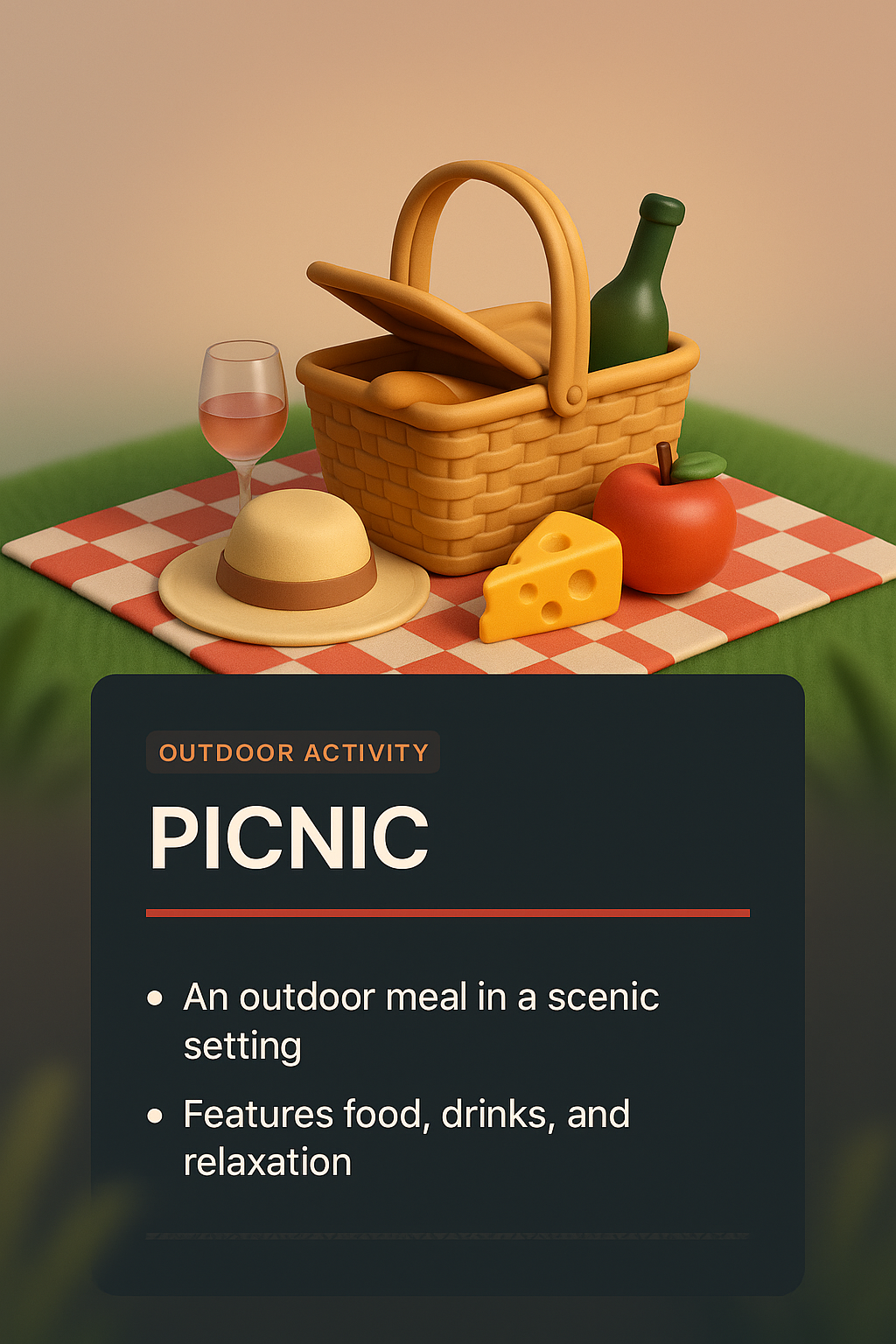 3D Picnic Illustration with Basket and Relaxation Elements