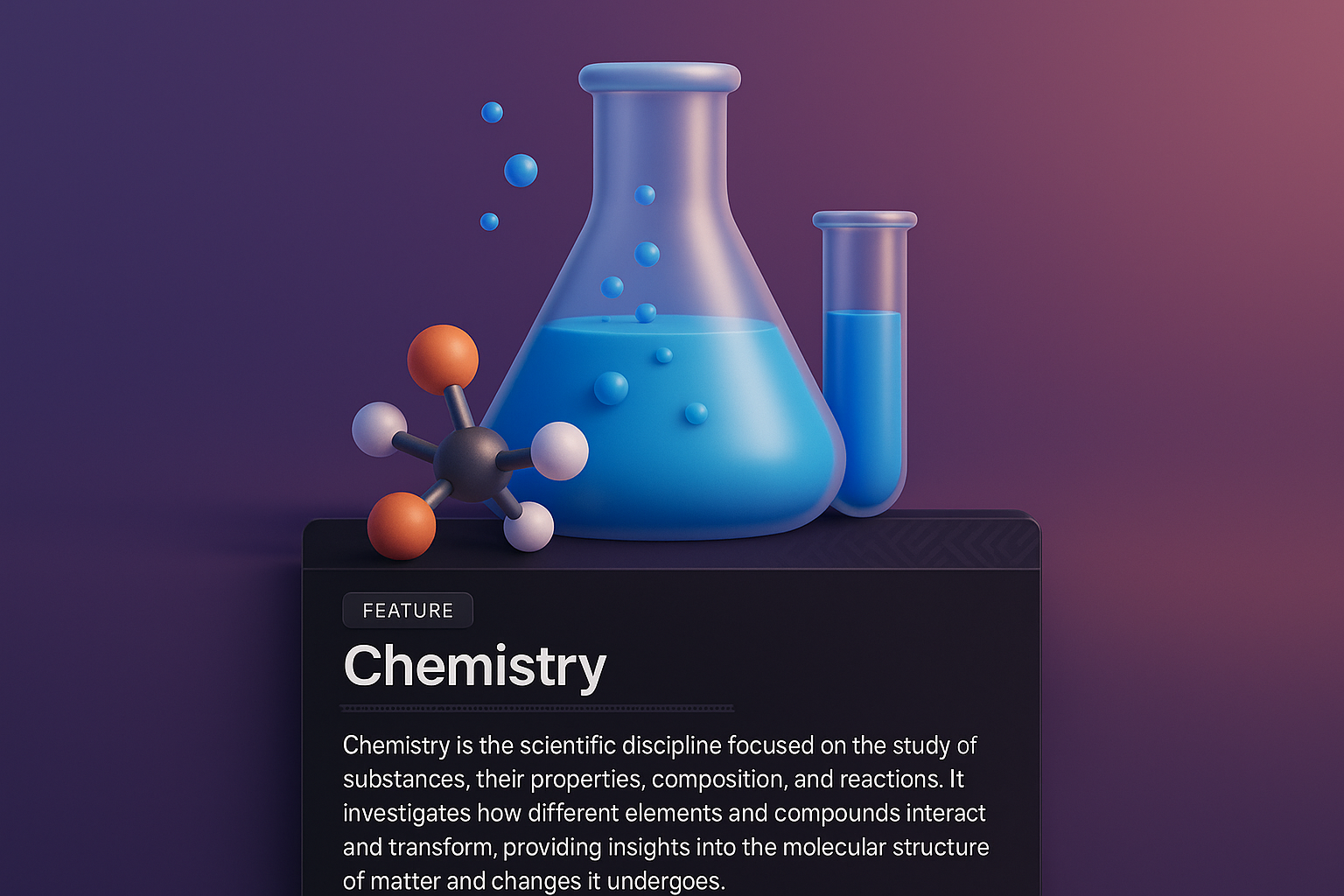 3D Chemistry Illustration for Web Design with Feature Block