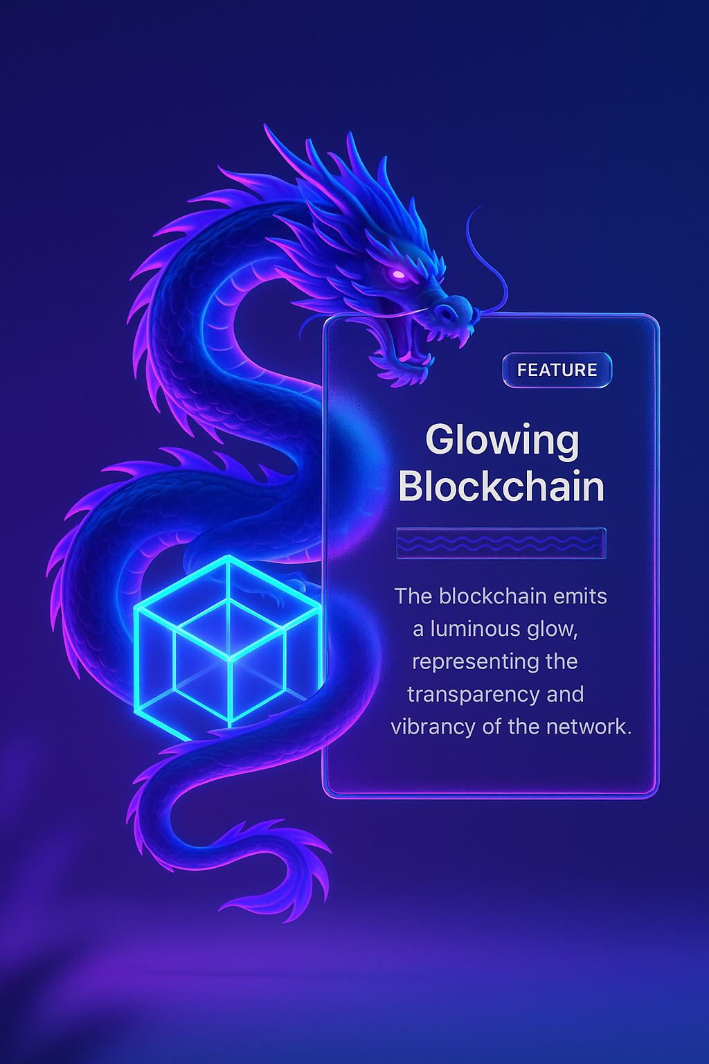 Neon Dragon Coiled Around a Glowing Blockchain Illustration