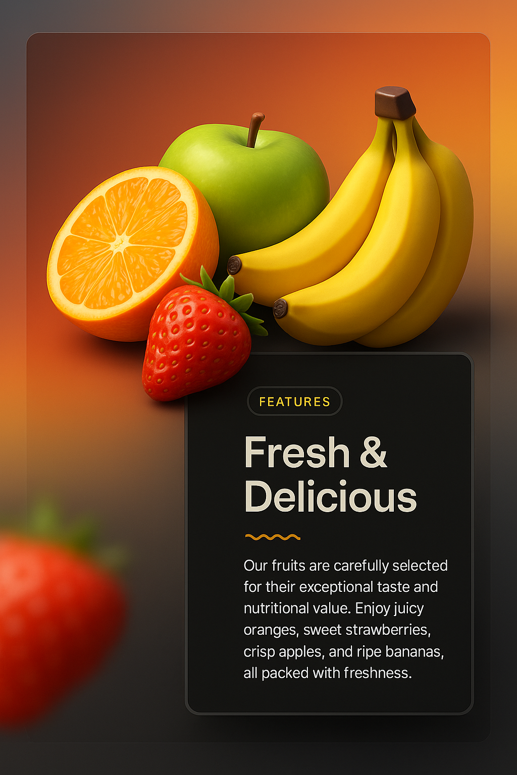 3D Fruit Illustration with Dark Overlay and Text Block