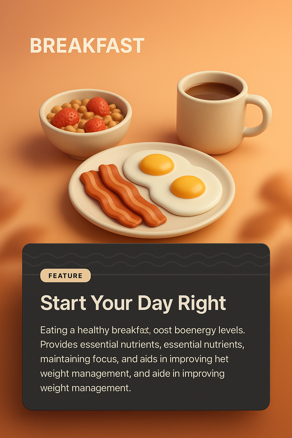 3D Breakfast Design with Text Overlay for Web Page