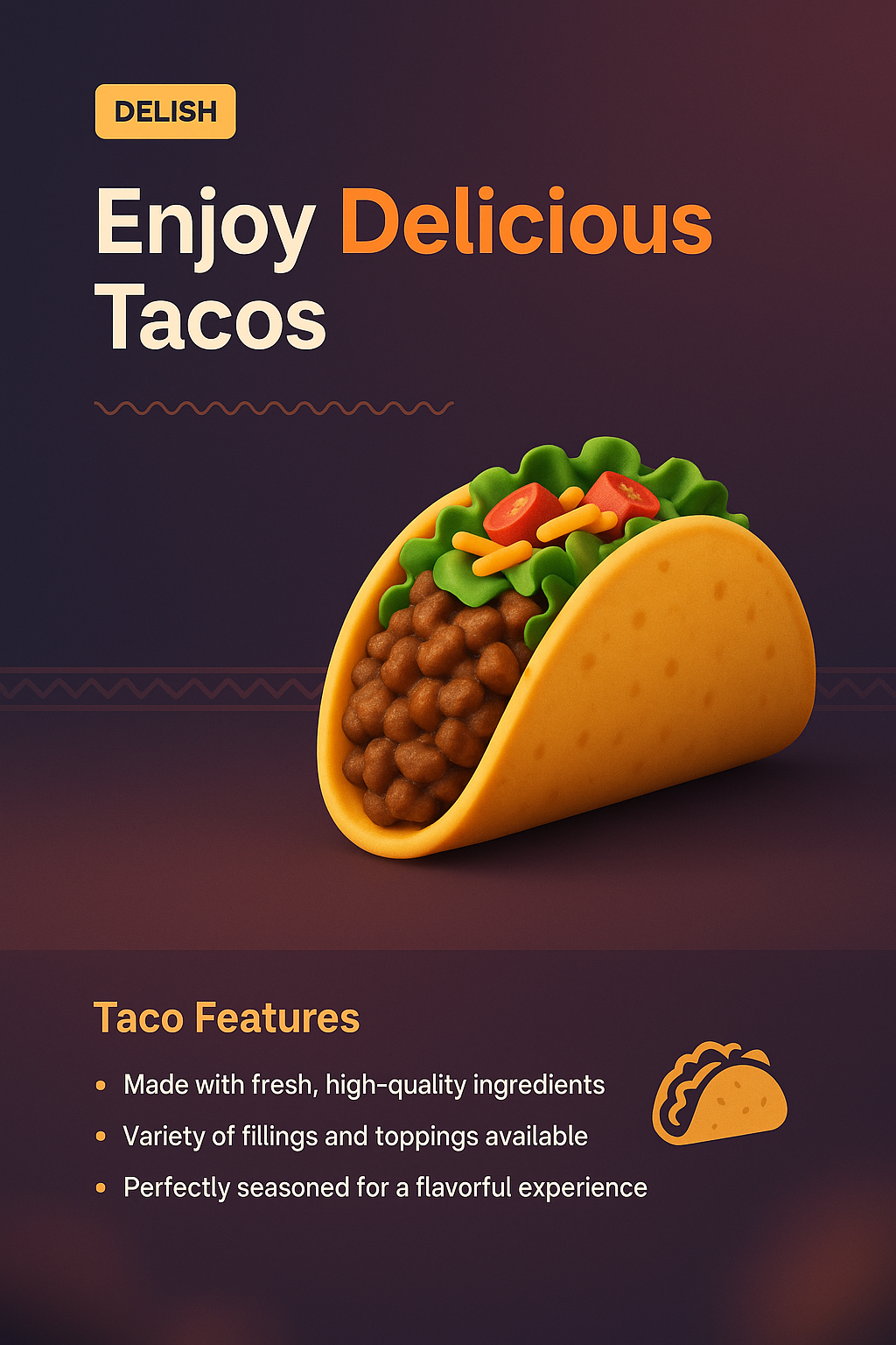 3D Taco Design with Features and Engaging Text