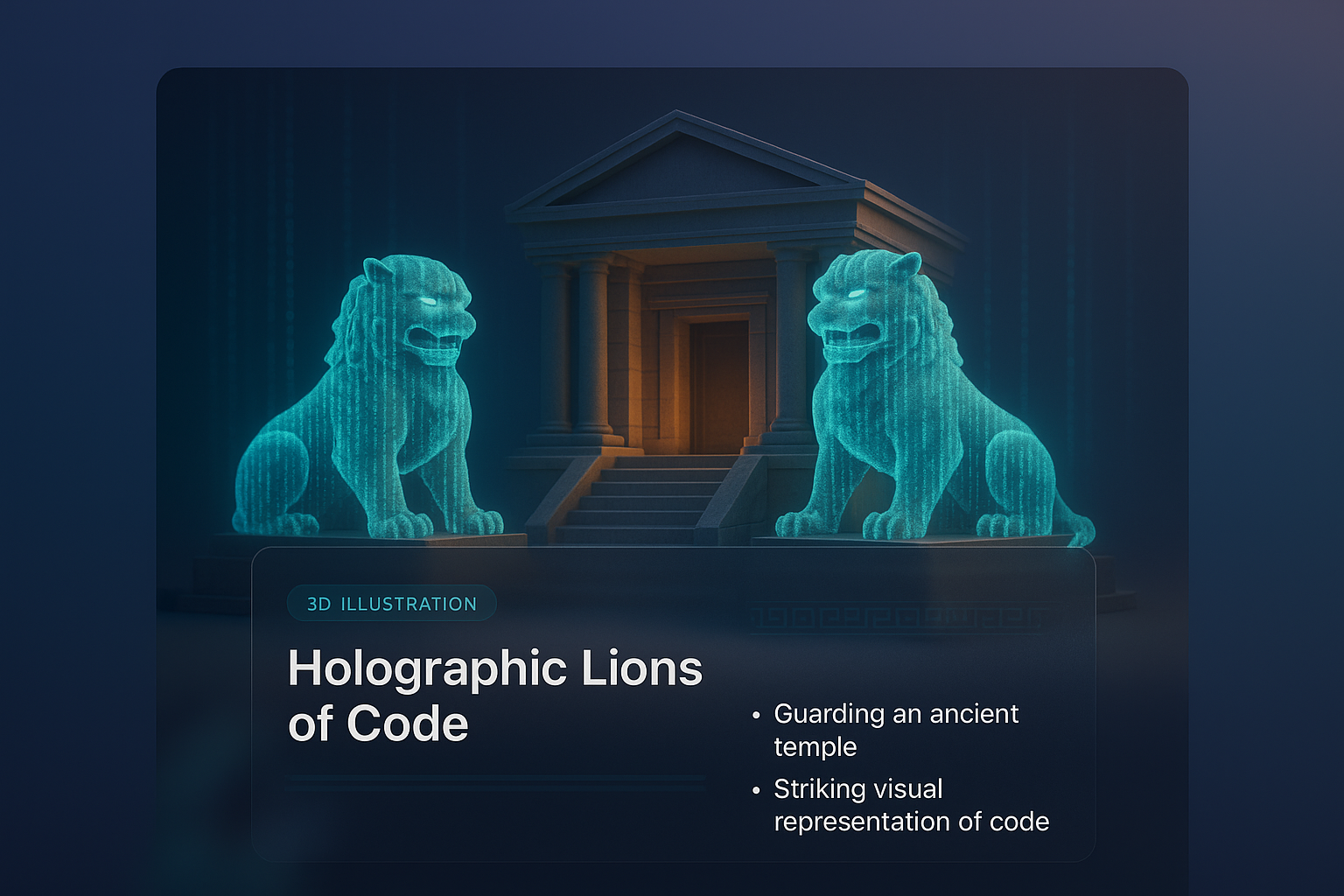 Temple Guarded by Holographic Lions of Code - 3D Illustration