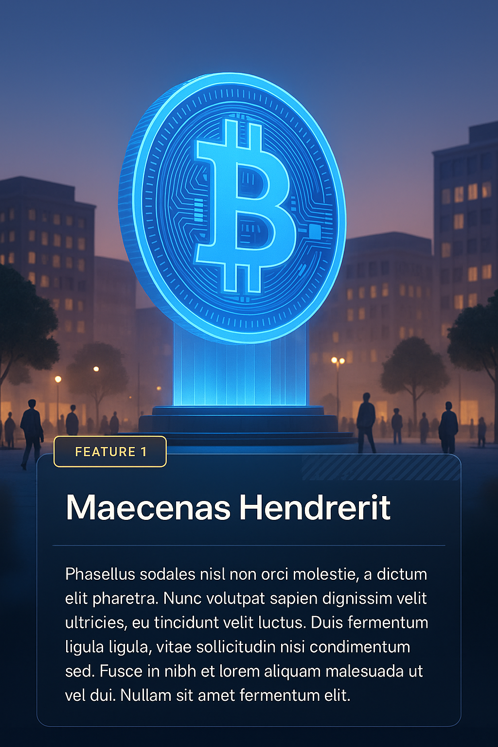 Giant Bitcoin Hologram in Urban Square at Dusk