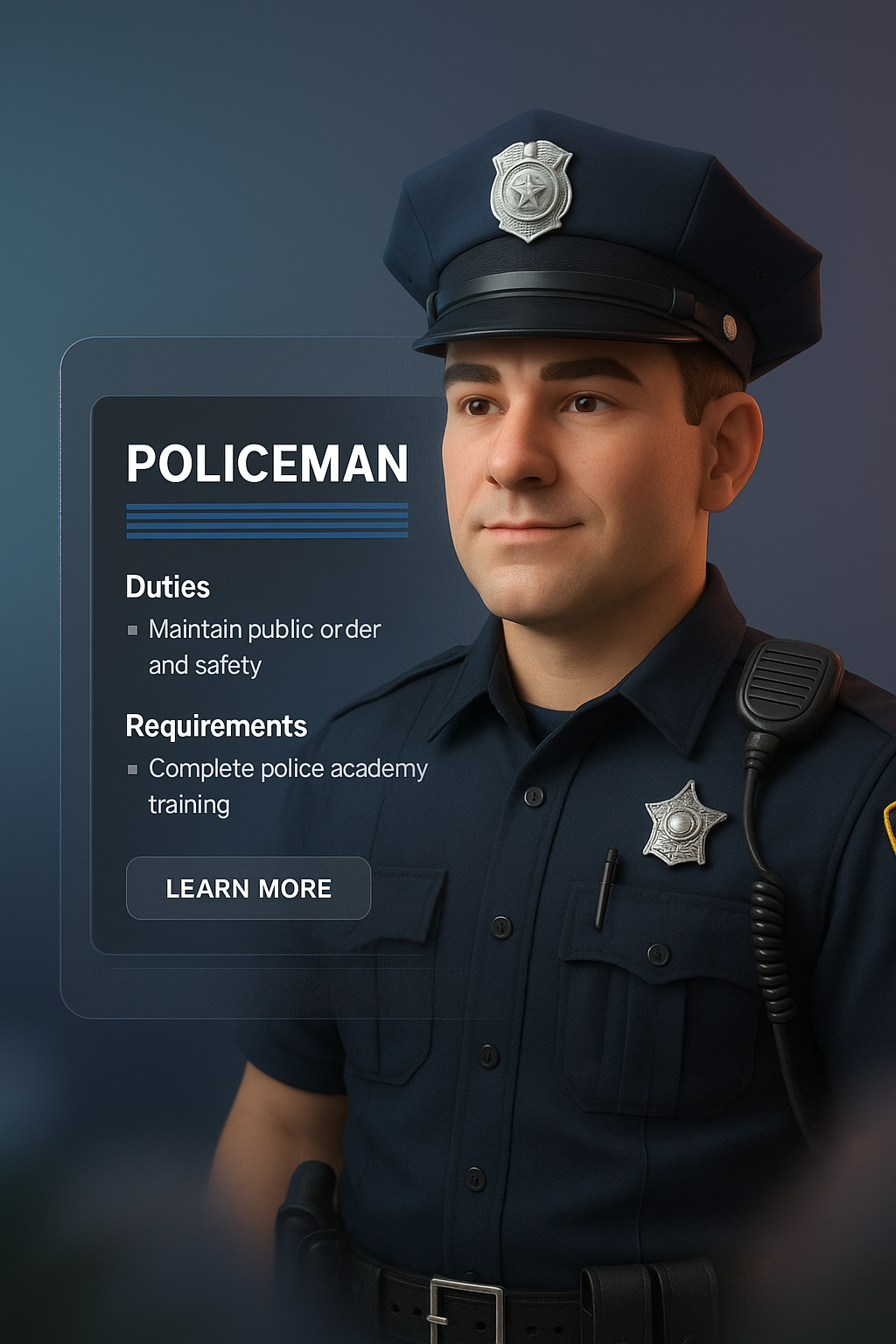 3D Policeman Illustration with Informative Overlay