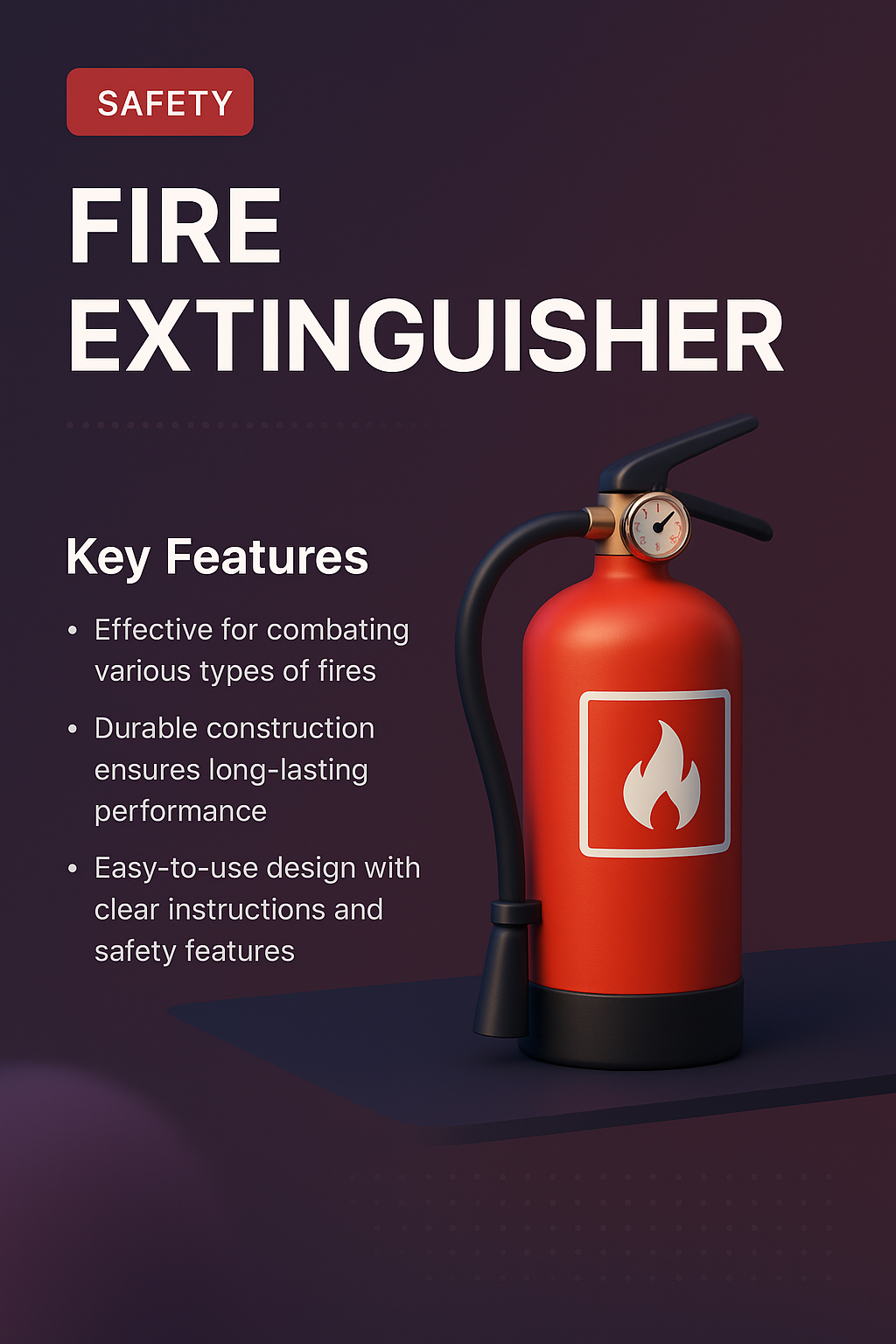 3D Illustration of Fire Extinguisher with Key Features