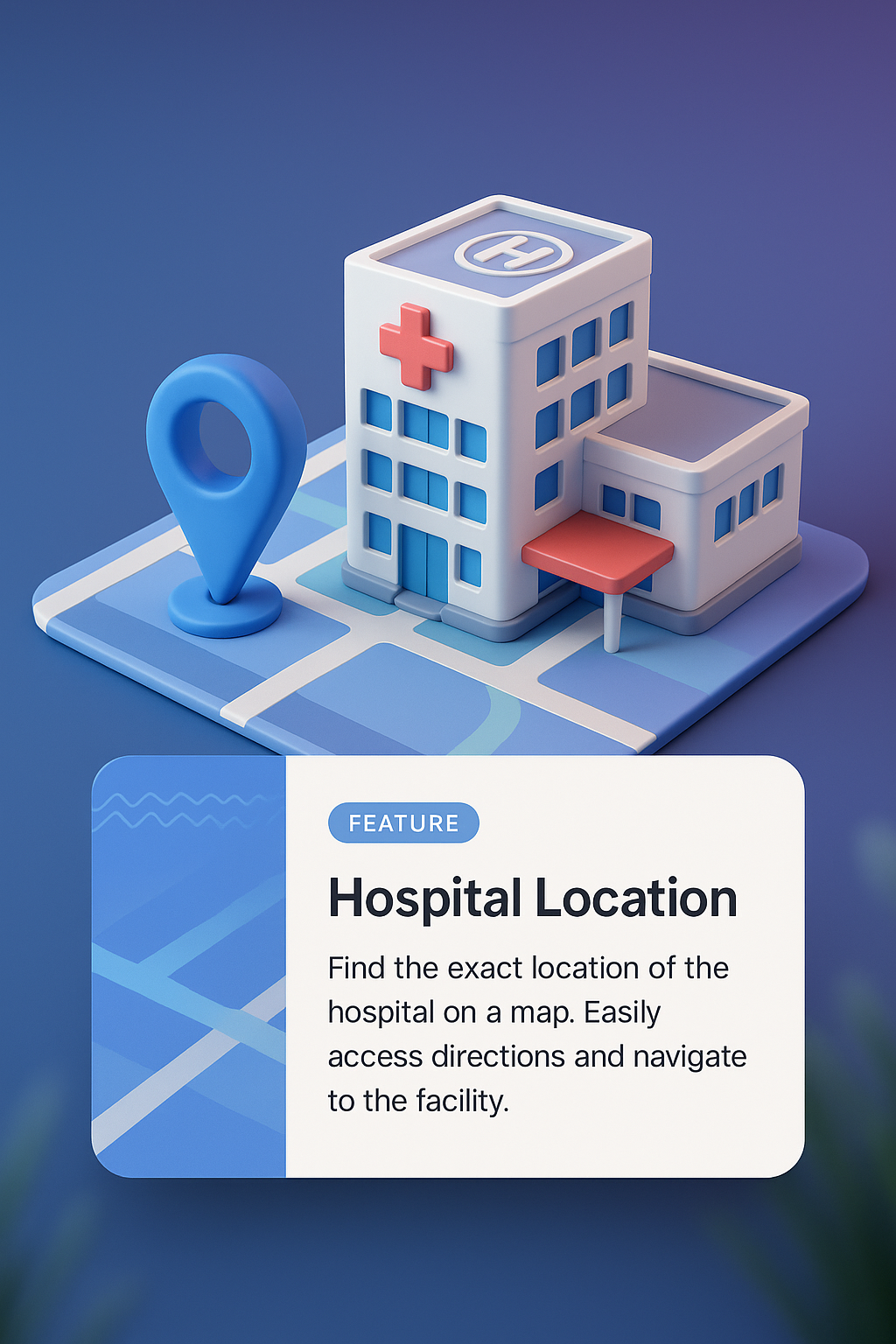 3D Illustration of Hospital Location on Map with Features