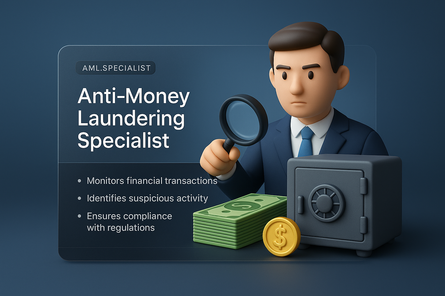 3D Illustration of Anti-Money Laundering Specialist with Financial Elements