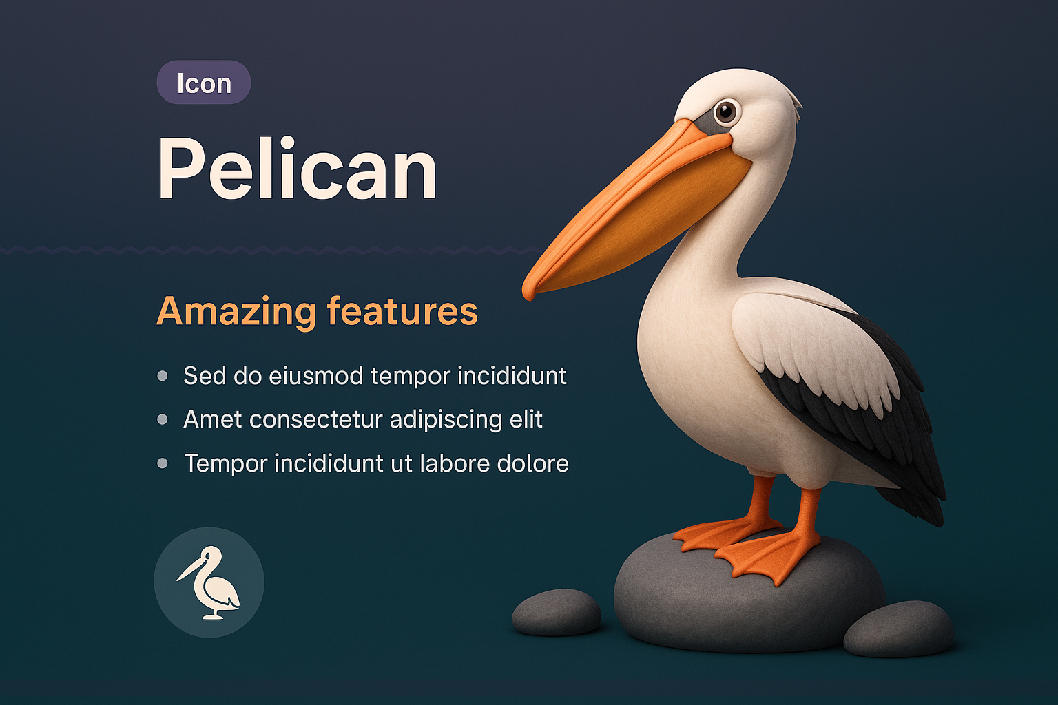 3D Pelican Illustration with Features Overview