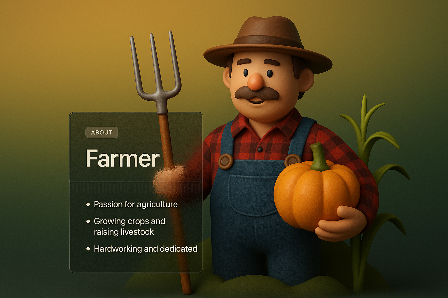 3D Illustration of a Dedicated Farmer with Pumpkin and Fork