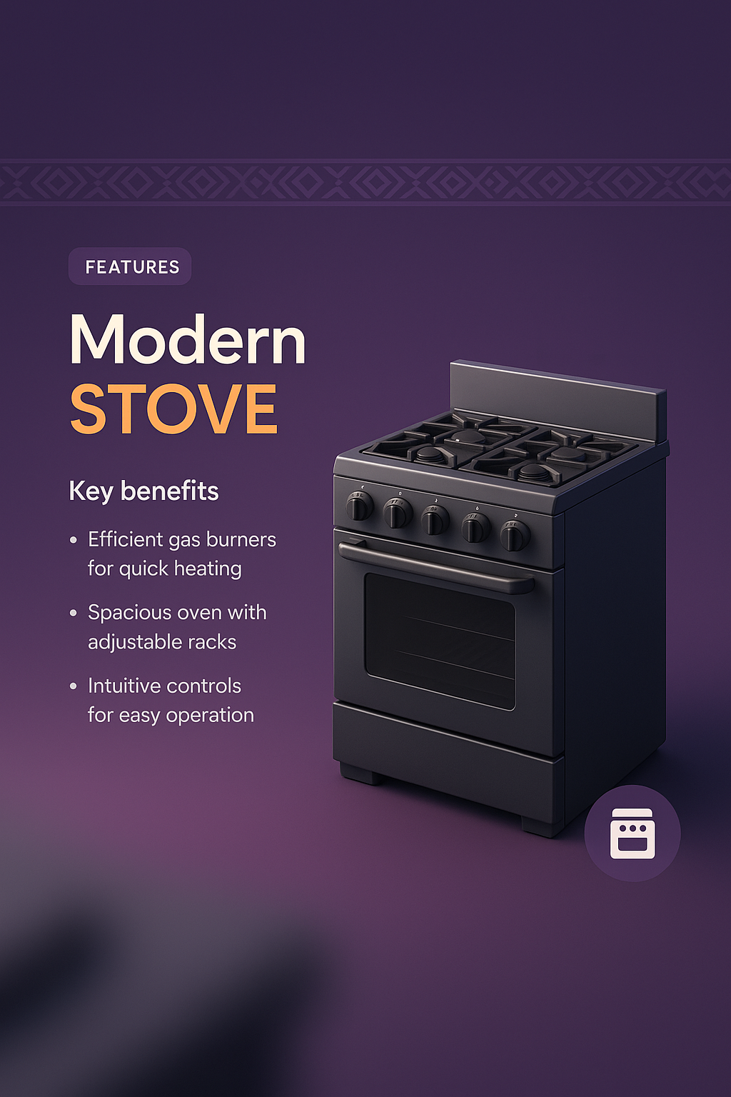 Modern 3D Stove Illustration with Key Features